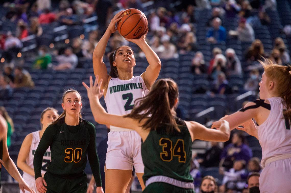 Woodinville point guard Veronica Sheffey (2) pulls up for a jumper in the fourth quarter. Woodinville beat Richland, 45-33, in a Class 4A state basketball quarterfinals game on Thursday, March 3, 2022 at the Tacoma Dome in Tacoma, Wash.