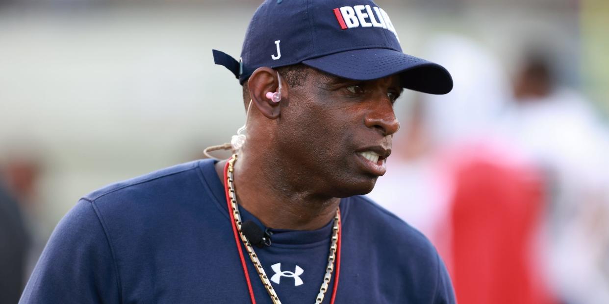 Deion Sanders looks on during a Jackson State practice in 2022.