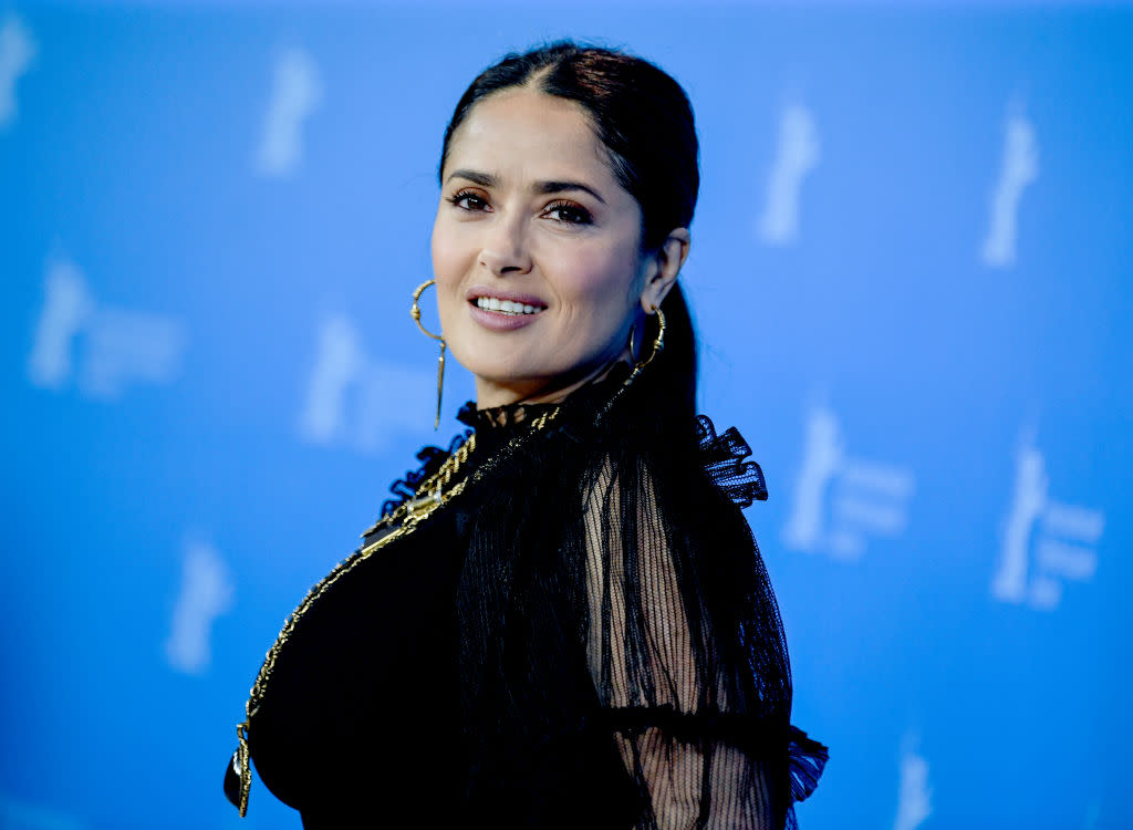 Salma Hayek has shared a make-up free pool selfie to Instagram, pictured here February 2020. (Getty Images)