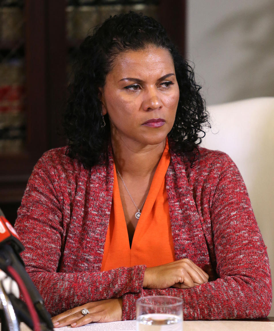 Lise-Lotte Lublin, an alleged victims of Bill Cosby, listens to a question during news conference with attorney Gloria Allred on Feb. 12, 2015 in Los Angeles.