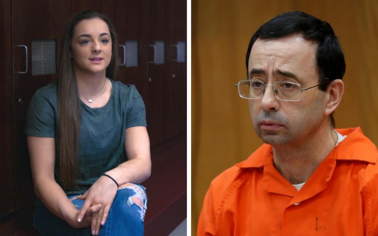 Maggie Nichols (left) reported Larry Nassar (right) for sexual assault in 2015, setting off a chain of similar revelations - Netflix 