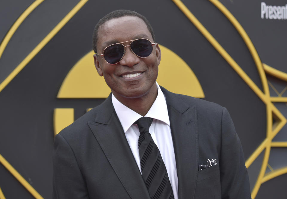 Isiah Thomas arrives at the NBA Awards on Monday, June 24, 2019, at the Barker Hangar in Santa Monica, Calif. (Photo by Richard Shotwell/Invision/AP)