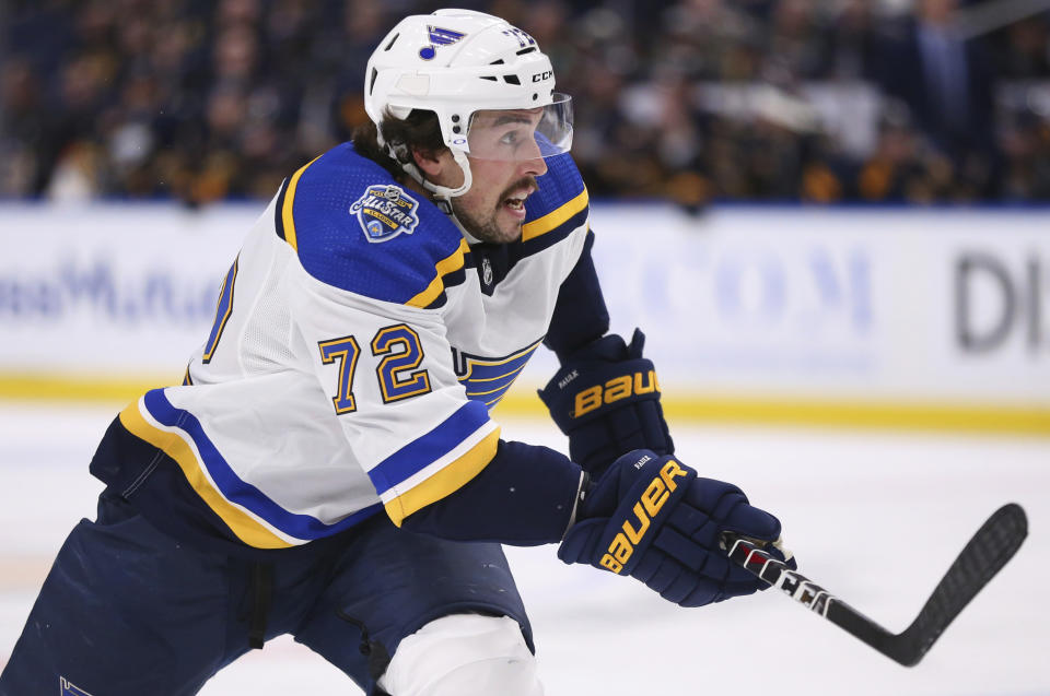 St. Louis Blues defenseman Justin Faulk (72) skates during the second period of an NHL hockey game against the Buffalo Sabres, Tuesday, Dec. 10, 2019, in Buffalo, N.Y. (AP Photo/Jeffrey T. Barnes)