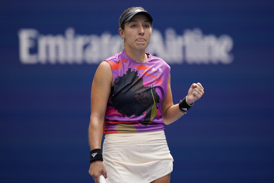 Jessica Pegula, of the United States, reacts after defeating Yuan Yue, of China, during the third round of the U.S. Open tennis championships, Saturday, Sept. 3, 2022, in New York. (AP Photo/Eduardo Munoz Alvarez)