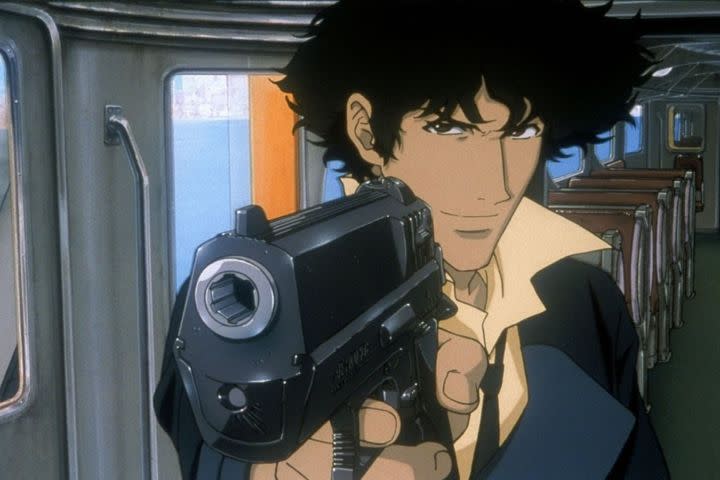 Spike Spiegel pointing a gun in Cowboy Bebop The Movie