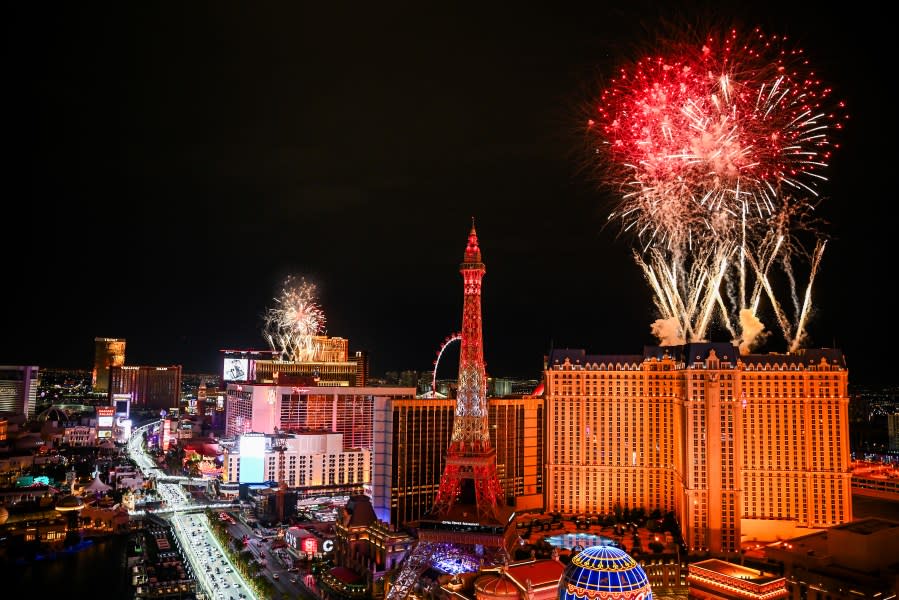 LAS VEGAS, NEVADA – NOVEMBER 15: A general view of fireworks at the Opening Ceremony during previews ahead of the F1 Grand Prix of Las Vegas at Las Vegas Strip Circuit on November 15, 2023 in Las Vegas, Nevada. (Photo by Clive Mason – Formula 1/Formula 1 via Getty Images)