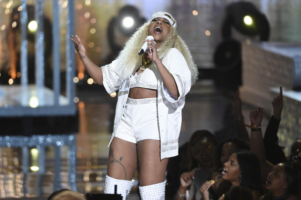 Lifetime achievement award winner Mary J. Blige performs a medley at the BET Awards on Sunday, June 23, 2019, at the Microsoft Theater in Los Angeles. (Photo by Chris Pizzello/Invision/AP)