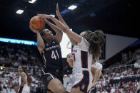 South Carolina guard Kierra Fletcher (41) tries to shoot the ball while defended by Stanford guard Haley Jones, right, during the first half of an NCAA college basketball game in Stanford, Calif., Sunday, Nov. 20, 2022. (AP Photo/Godofredo A. Vásquez)