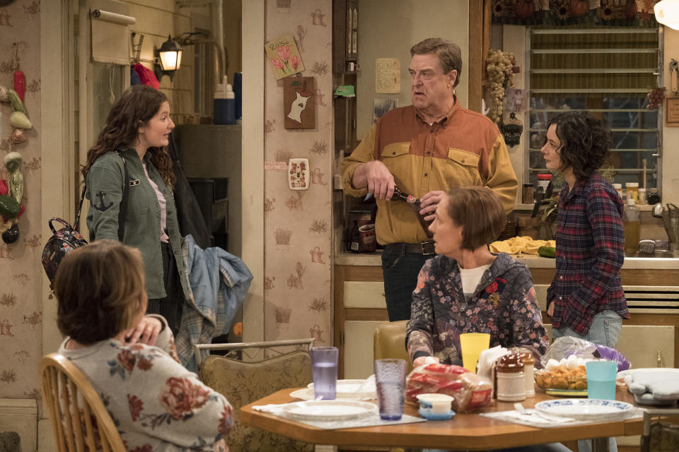 ROSEANNE - "Roseanne Gets the Chair" - Roseanne's clash with Darlene over how she's raising her kids - especially Harris - reaches a breaking point; while Dan tries to help Roseanne with her bad knee by getting her an elevator chair, which she refuses to use because she doesn't want to admit getting old, on the second episode of the revival of "Roseanne," TUESDAY, APRIL 3 (8:00-8:30 p.m. EDT), on The ABC Television Network. (ABC/Adam Rose)ROSEANNE BARR, EMMA KENNEY, JOHN GOODMAN, LAURIE METCALF, SARA GILBERT