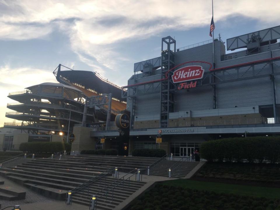April 18th, 2017-The flags at the entrance of Heinz Field signify somber times during the funeral of Dan Rooney. The Steelers and their fans hope to have a much happier scene in the middle of January while they pile in during the hosting of the AFC Championship Game- Photo compliments of Steelers32's Scott Menk