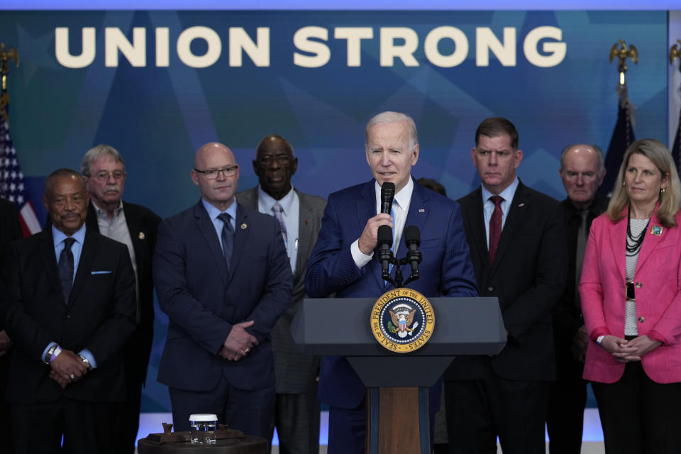 President Joe Biden speaks in the South Court Auditorium on the White House complex in Washington, Thursday, Dec. 8, 2022, about the infusion of nearly $36 billion to shore up a financially troubled union pension plan, preventing severe cuts to the retirement incomes of more than 350,000 Teamster workers and retirees across the United States. (AP Photo/Susan Walsh)