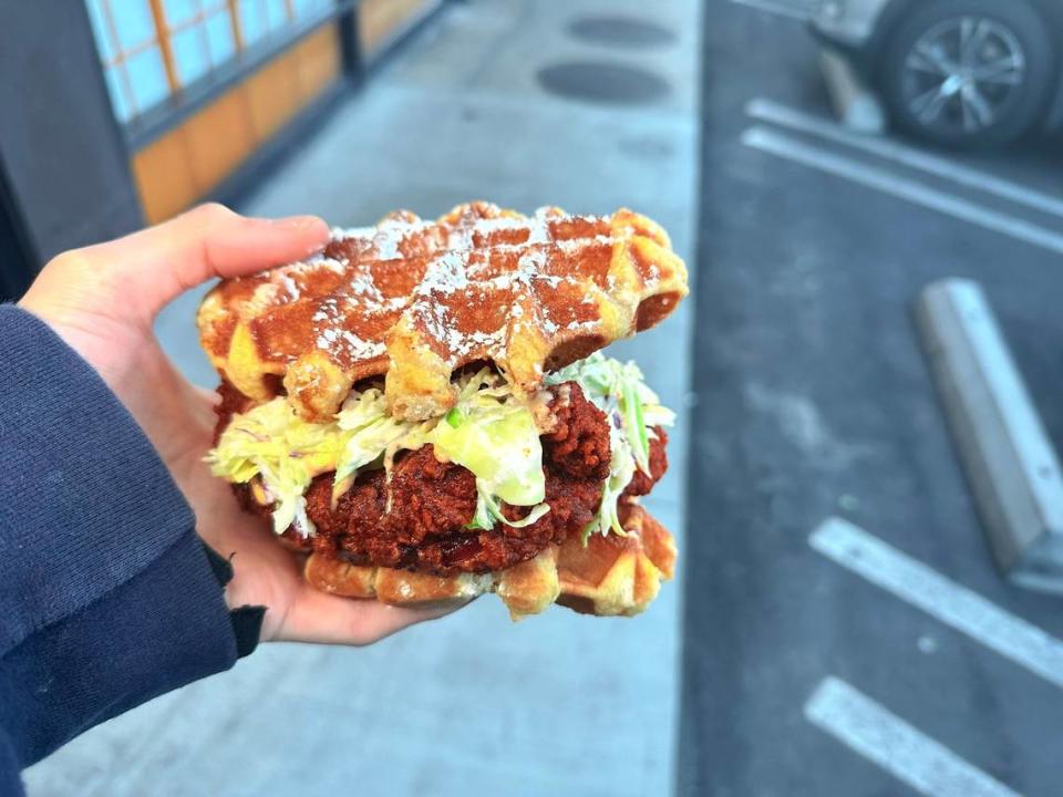 A Nashville hot chicken sandwich with waffles instead of a bun is a top seller at Al’s Hot Chicken, opening in Fresno.