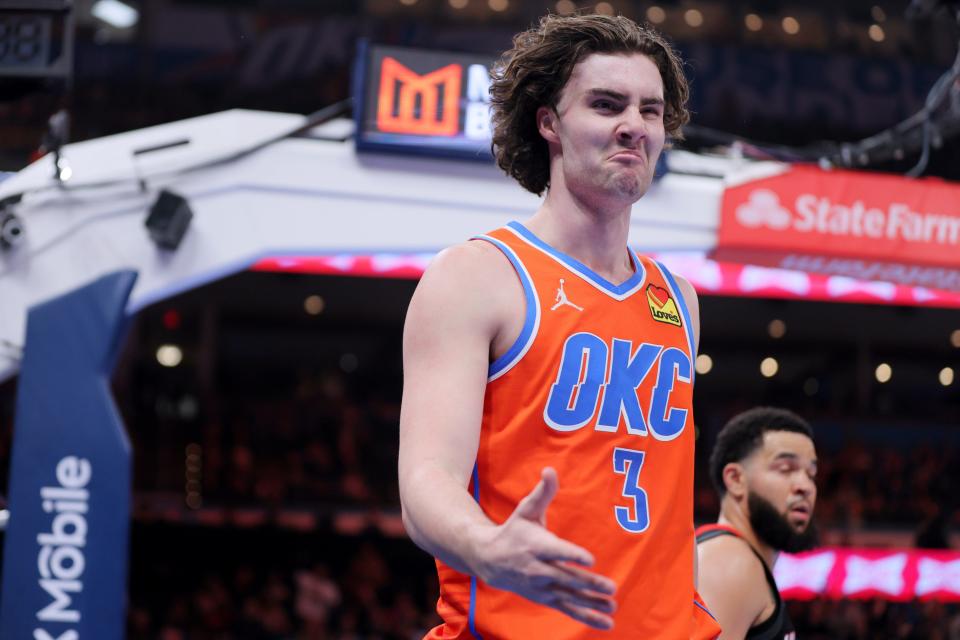 Oklahoma City Thunder guard Josh Giddey (3) celebrates after getting fouled and making a basket during an NBA basketball game between the Oklahoma City Thunder and the Houston Rockets at Paycom Center in Oklahoma City, Wednesday, March 27, 2024. Houston won 132-126.