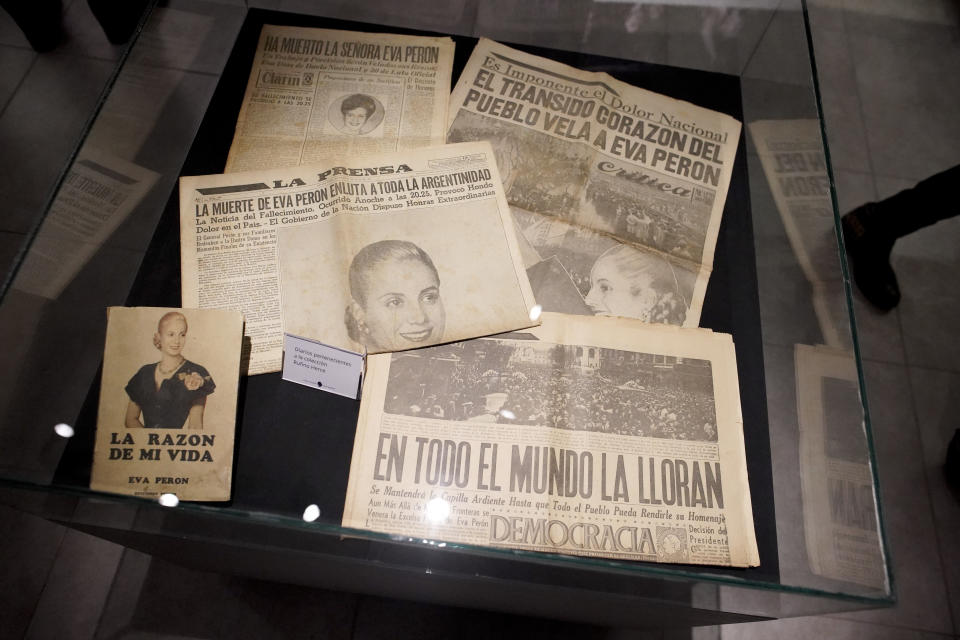 Newspapers announcing the death of Eva Perón are displayed at her home-turned-museum named "Casa Museo Eva Peron" in Los Toldos, Argentina, Monday, May 6, 2019. One day ahead of the 100th anniversary of Evita's birth, the home where Argentina's mythical first lady was born and raised was opened to the public with an exhibition recounting the childhood of the woman who, together with her husband Juan Domingo Perón, will forever mark Argentine history. (AP Photo/Natacha Pisarenko)