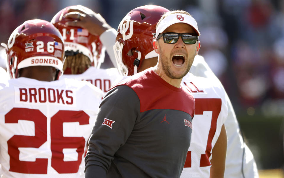 WACO, TX - NOVEMBER 13: Head coach Lincoln Riley of the Oklahoma Sooners reacts after the Sooners scored a touchdown against the Baylor Bears in the first half at McLane Stadium on November 13, 2021 in Waco, Texas. (Photo by Ron Jenkins/Getty Images)