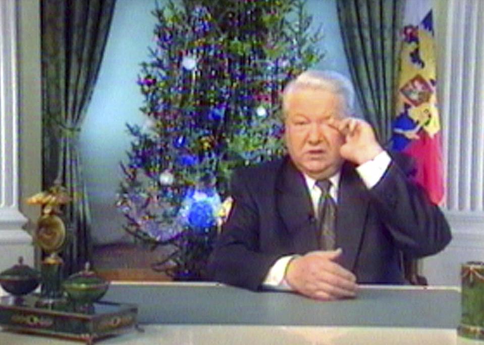 FILE - This image taken from a video distributed by RU-RTR Russian Television shows Russian President Boris Yeltsin rubbing his eye during his nationwide presidential New Year television address in Moscow's Kremlin, on Dec. 31, 1999. In a surprise address to the nation, President Boris Yeltsin announces his resignation and makes Putin, the prime minister he appointed four months earlier, the acting president. (RU-RTR Russian Television via AP, File)