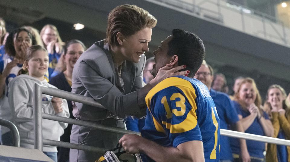 Anna Paquin and Zachary Levi as Kurt Warner in ‘American Underdog: The Kurt Warner Story’ - Credit: Lionsgate