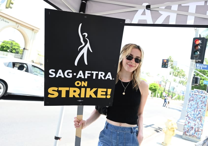 Kiernan Shipka joins a picket line in California.