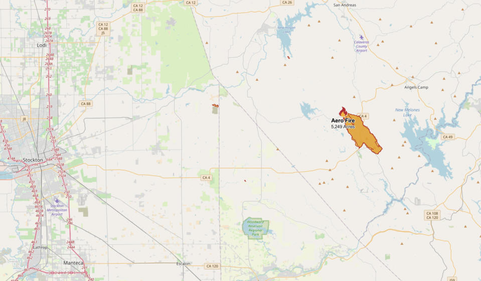 Map shows spread of the Aero Fire in Calaveras County, California, on June 18, 2024.  / Credit: CalFire