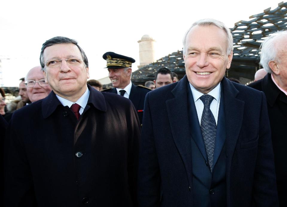 French First Minister Jean-Marc Ayrault, right, visits the MuCem (Museum of Civilisations from Europe and the Mediterranean) with European Commission President Jose Manuel Barroso, left, in Marseille, southern France, Saturday, Jan. 12, 2013(AP Photo/Claude Paris, pool)