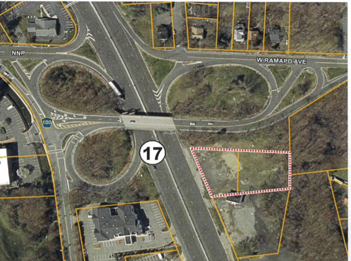 A Mahwah ordinance that would allow a retail cannabis store to locate on a former gas station property (red dotted line) just south of the Ramapo Avenue overpass on Route 17 north was tabled at their council session Thursday, Dec. 16, 2021.