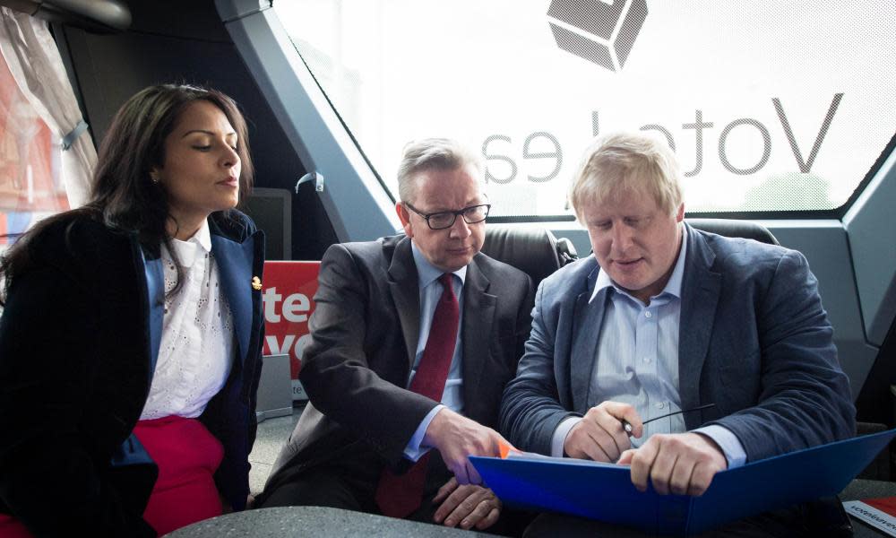 Priti Patel, Michael Gove and Boris Johnson on the Vote Leave campaign bus in Lancashire in June 2016