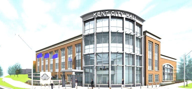 Artist rendering of the new Kent City Hall under construction at the site of the former fire department.