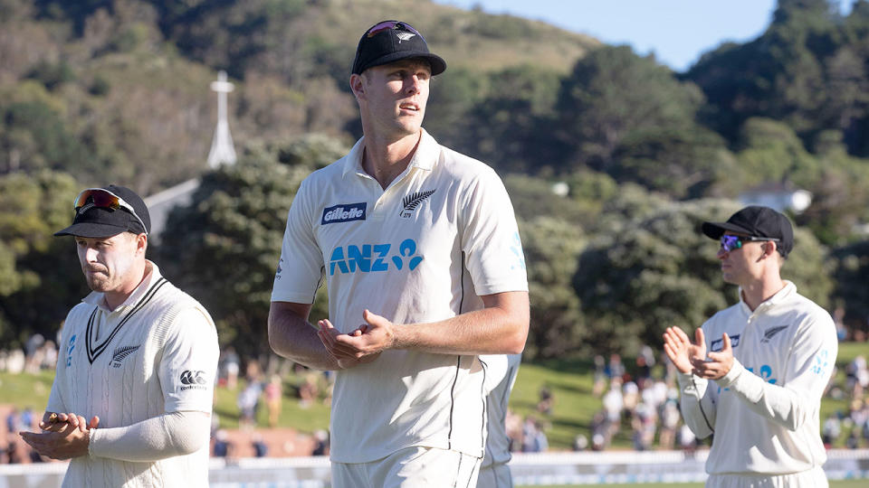 Kyle Jamieson is seen here leaving the ground after starring for New Zealand.