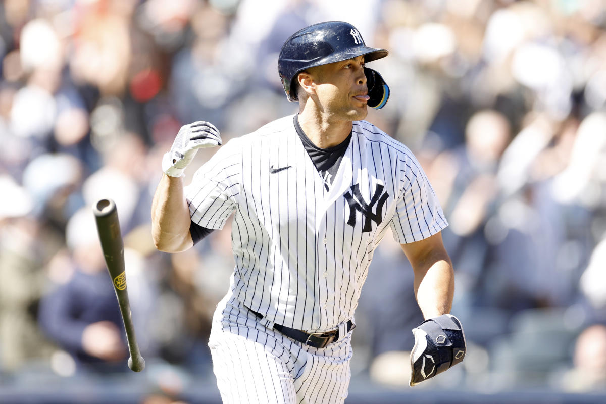 Giancarlo Stanton takes batting practice Yankee Stadium