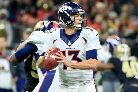 Nov 13, 2016; New Orleans, LA, USA; Denver Broncos quarterback Trevor Siemian (13) against the New Orleans Saints during the first half of a game at the Mercedes-Benz Superdome. Mandatory Credit: Derick E. Hingle-USA TODAY Sports