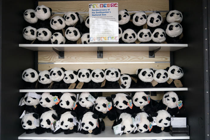 Panda stuffed animals are seen at the panda shop during the celebration of the Smithsonian's National Zoo and Conservation Biology Institute, 50 years of achievement in the care, conservation, breeding and study of giant pandas at the Smithsonian's National Zoo in Washington, Saturday, April 16, 2022. (AP Photo/Jose Luis Magana)