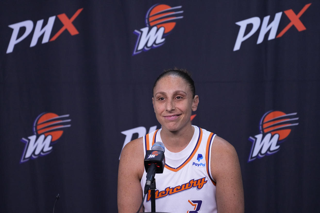 Phoenix Mercury guard Diana Taurasi speaks during the WNBA basketball teams' media day, Wednesday, May 3, 2023, in Phoenix. (AP Photo/Matt York)