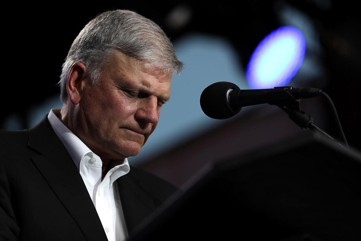 TURLOCK, CA - MAY 29: Rev. Franklin Graham speaks during Franklin Graham's "Decision America" California tour at the Stanislaus County Fairgrounds on May 29, 2018 in Turlock, California: (Photo by Justin Sullivan/Getty Images)