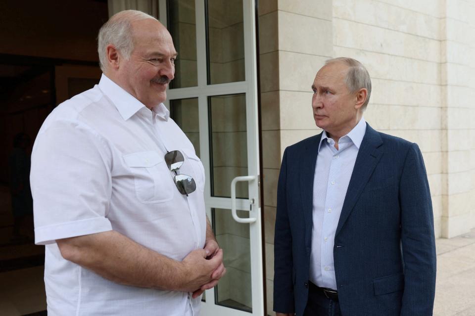 Russian President Vladimir Putin and Belarusian President Alexander Lukashenko speak during a meeting at the Bocharov Ruchei residence in Sochi, Russia June 9, 2023.