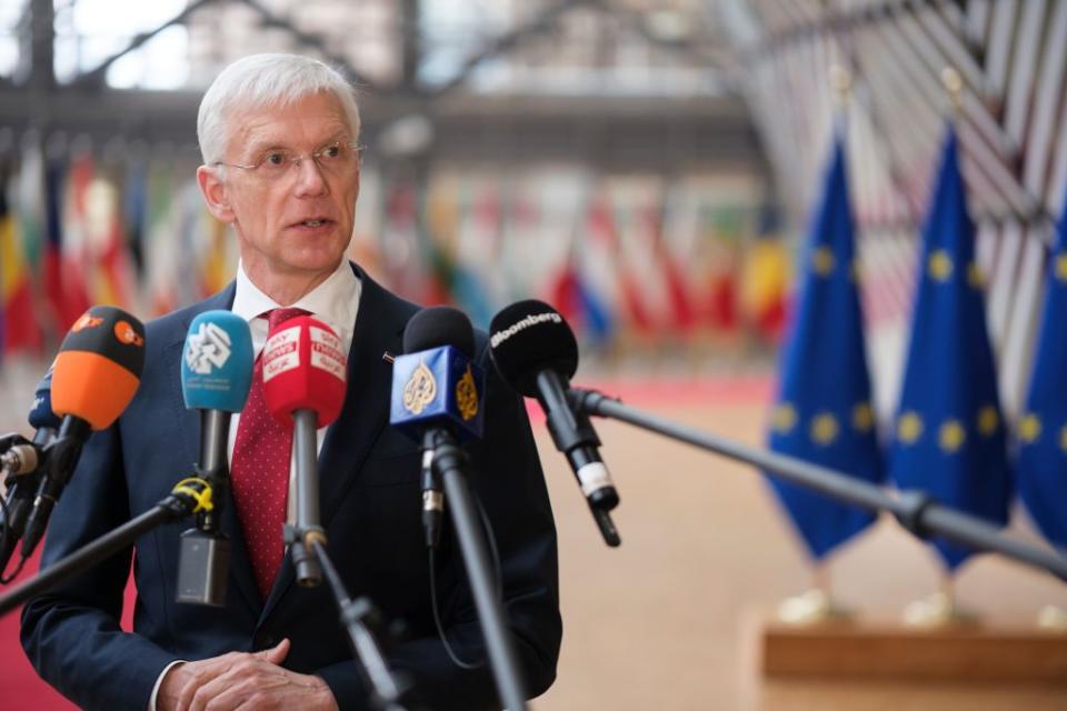 Latvian Foreign Minister Arturs Krisjanis Karins talks to the media before the EU Foreign Affairs Ministers meeting in the Europa building, the EU Council headquarters on March 18, 2024, in Brussels, Belgium. The Council will exchange views on the latest developments in Belarus, focusing on the deteriorating human rights situation and the continued support provided by the Belarusian regime to Russia. (Thierry Monasse/Getty Images)