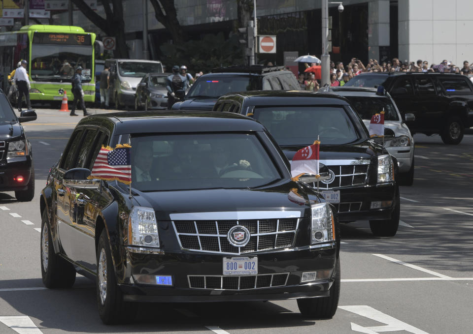 Donald Trump’s motorcade on Orchard Road on Monday, 11 June 2018, en route to meet Prime Minister Lee Hsien Loong. (Photo: AP Photo/Joseph Nair)