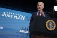 President Joe Biden speaks during an event on the American Jobs Plan in the South Court Auditorium on the White House campus, Wednesday, April 7, 2021, in Washington. (AP Photo/Evan Vucci)