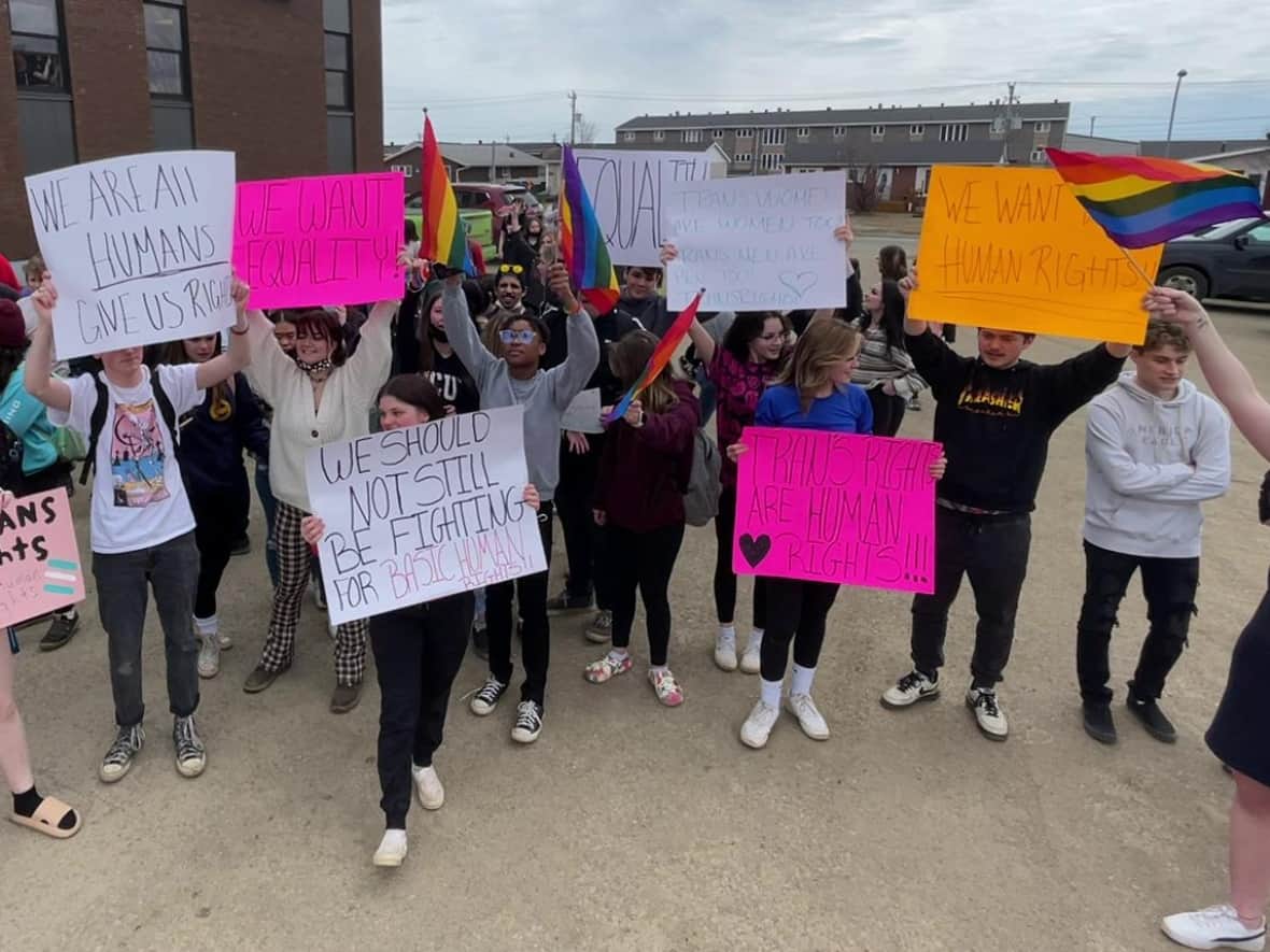 More than 75 students at Menihek High School in Labrador City walked out of class Friday after a transgender student wasn't allowed to use the school's female bathroom. (Darryl Dinn/CBC - image credit)