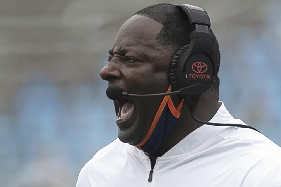 FILE - In this Sept. 12, 2020, file photo, Syracuse head coach Dino Babers argues a call with the officials in the second quarter of an NCAA college football game against North Carolina, in Chapel Hill, N.C. Babers is in the midst of a second straight subpar season and not much relief is in sight. (Robert Willett/The News & Observer via AP, Pool, File)