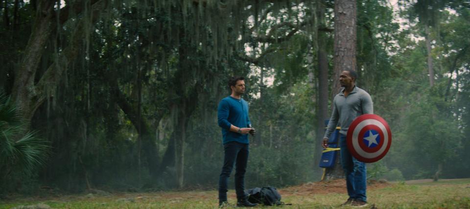 One shield-throwing scene between superfriends Bucky Barnes (Sebastian Stan, left) and Sam Wilson (Anthony Mackie) was key to Sam wanting to become the new Captain America, Mackie says.