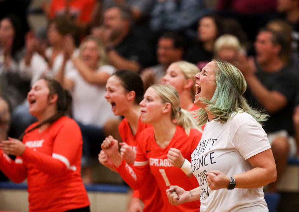 Sprague head coach Anne Olsen reacts to a play during the match against South Salem on Thursday, Sept. 15, 2022 at South Salem High School in Salem, Ore.