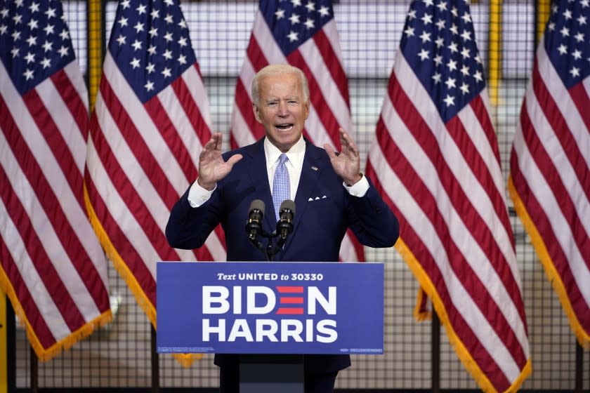 Democratic presidential candidate former Vice President Joe Biden speaks at a campaign event at Mill 19 in Pittsburgh, Pa., Monday, Aug. 31, 2020. (AP Photo/Carolyn Kaster)