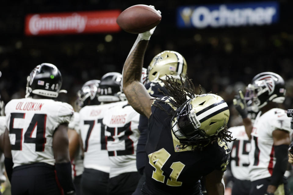 New Orleans Saints running back Alvin Kamara (41) celebrates his touchdown against the Atlanta Falcons during the second half of an NFL football game, Sunday, Nov. 7, 2021, in New Orleans. (AP Photo/Derick Hingle)