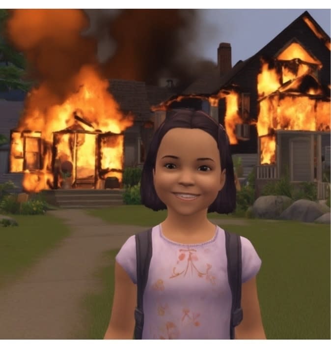 An animated character smiling with a burning house in the background