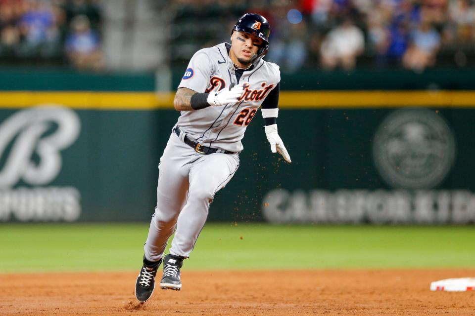 Detroit Tigers shortstop Javier Baez (28) rounds second base during the third inning against the Texas Rangers at Globe Life Field in in Arlington, Texas, on Friday, Aug. 26, 2022.