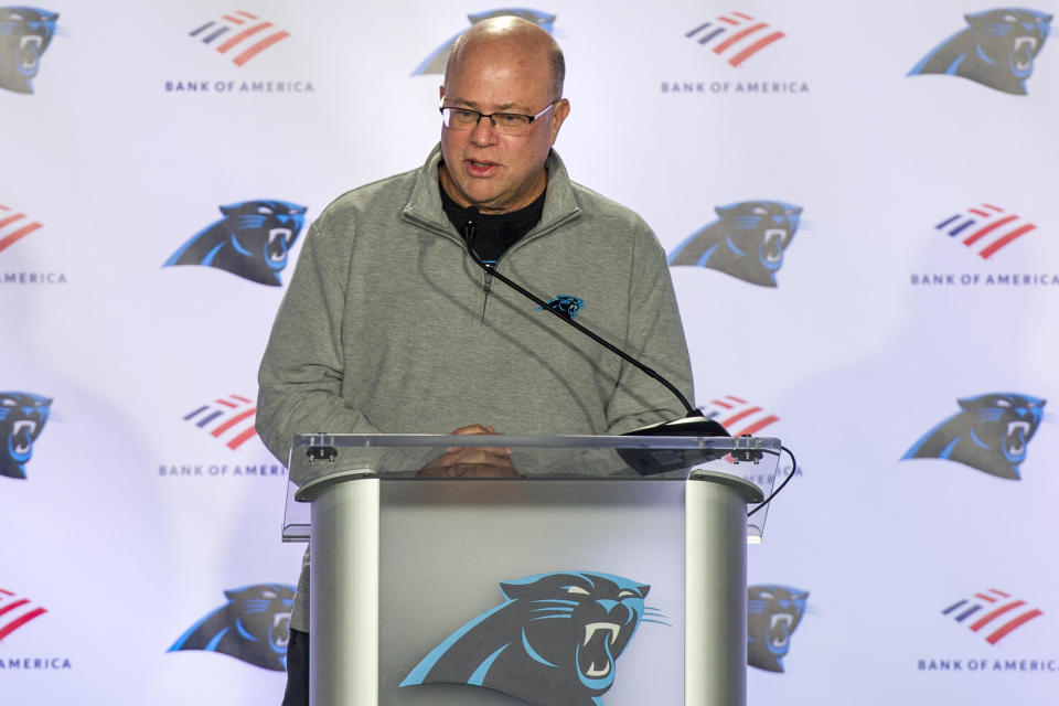 Carolina Panthers NFL football team owner David Tepper talks to the media about new head coach Matt Rhule during a news conference at the teams practice facility, Wednesday, Jan. 8, 2020 in Charlotte, N.C. (AP Photo/Mike McCarn)