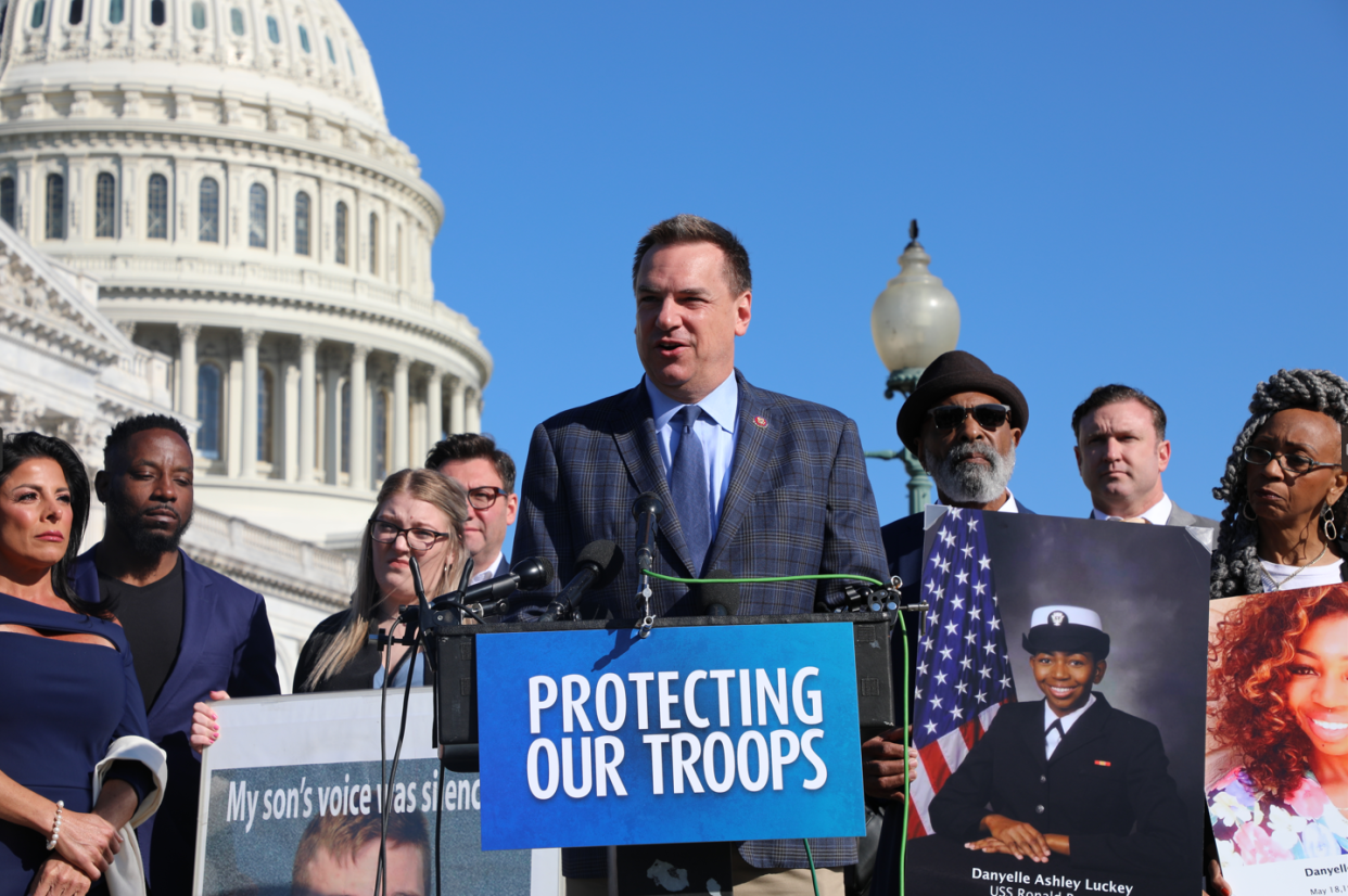 Rep. Richard Hudson speaks Wedneday, March 29, 2023, outside the House Triangle in Washington D.C. about the Army denying the medical malpractice case of Master Sgt. Richard Stayskal. Stayskal is in the back, second from right.