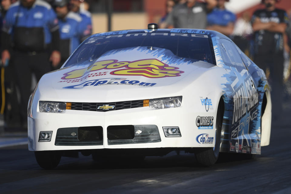 In this photo provided by the NHRA, Matt Hartford drives in Pro Stock qualifying Friday, July 23, 2021, at the NHRA Sonoma Nationals drag races in Sonoma, Calif. (Marc Gewertz/NHRA via AP)