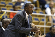 In this Nov. 4, 2009, photo, Forida International coach Isiah Thomas yells from the sideline during an exhibition college basketball game against Northwood in Miami. Thomas and his team won't be home again until Dec. 31. An eight-game stretch of road contests awaits, including a game at Florida State on Dec. 6, and the Sun Belt Conference opening swing to Denver and North Texas in the week before Christmas. (AP Photo/Lynne Sladky)