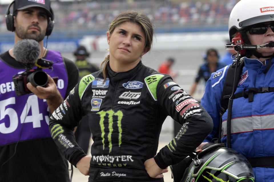 FILE - Hailie Deegan watches a screen after crashing during the NASCAR Truck Series auto race, Saturday, Oct. 2, 2021, in Talladega, Ala. Deegan heads into the Truck Series finale unsure of what she'll drive next season. (AP Photo/John Amis, File)
